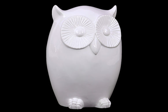 Cute and Charming Ceramic Owl Figurine with Smooth Surface and Big Round Eyes in White (Large)