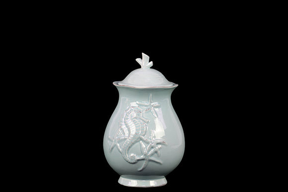 Elegant and Stunning Ceramic Canister with Seashell Design in Blue (Small)