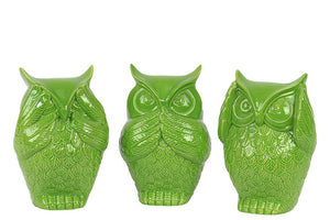 Beautiful Ceramic Owl Set of Three Depicting the Three Mystic Apes in Green