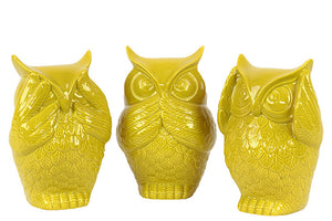 Beautiful Ceramic Owl Set of Three Depicting the Three Mystic Apes in Yellow