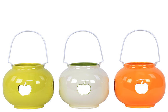Elegant and Beautiful Colored Ceramic Lantern with Apple CutOut Set of Three