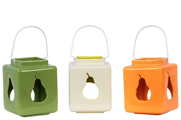 Square Shaped Ceramic Lantern with Pear CutOut Set of Three