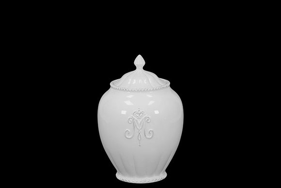 Elegant and Stunning Ceramic Canister Etched with the Alphabet M in White