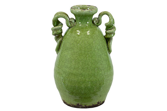 Traditional Double Ear with Curled Design Tuscan Ceramic Vase in Green