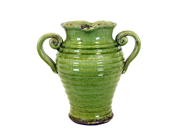 Antique Ceramic Tuscan Vase in Green with Beautiful Ring Pattern