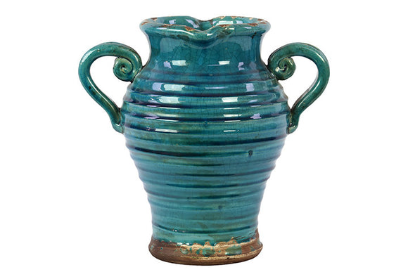 Antique Ceramic Tuscan Vase in Turquoise with Beautiful Ring Pattern