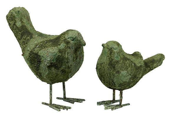 Antique Stoneware Set of Two Birds in Green Moss Finish