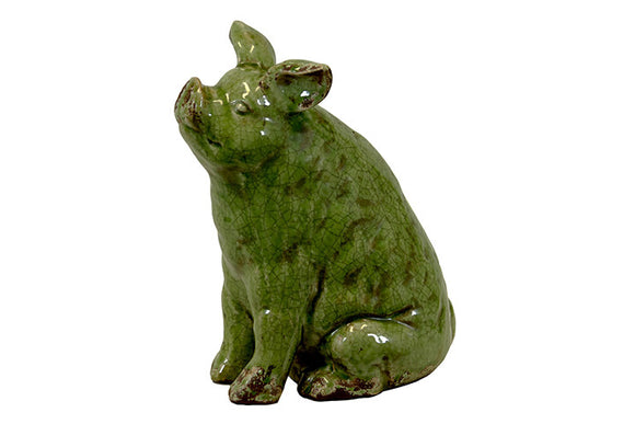 Antiquated and Adorable Ceramic Sitting Pig in Green