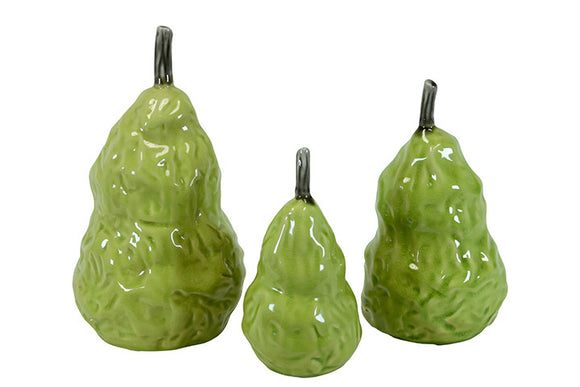 Elegant Ceramic Pear Figurine Set of Three in Green with Glossy Finish