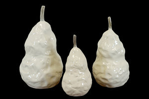 Elegant Ceramic Pear Figurine Set of Three in White with Glossy Finish